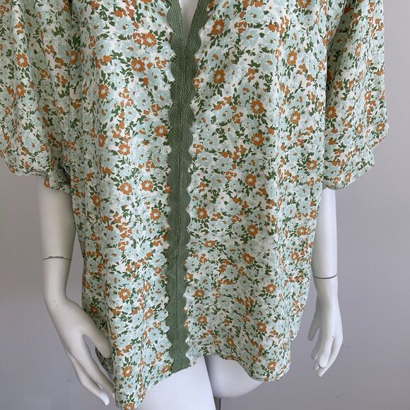 Umgee 1XL Green Floral Blouse Puff Sleeves Boho Shabby Cottage Chic Top Popover - Picture 4 of 12